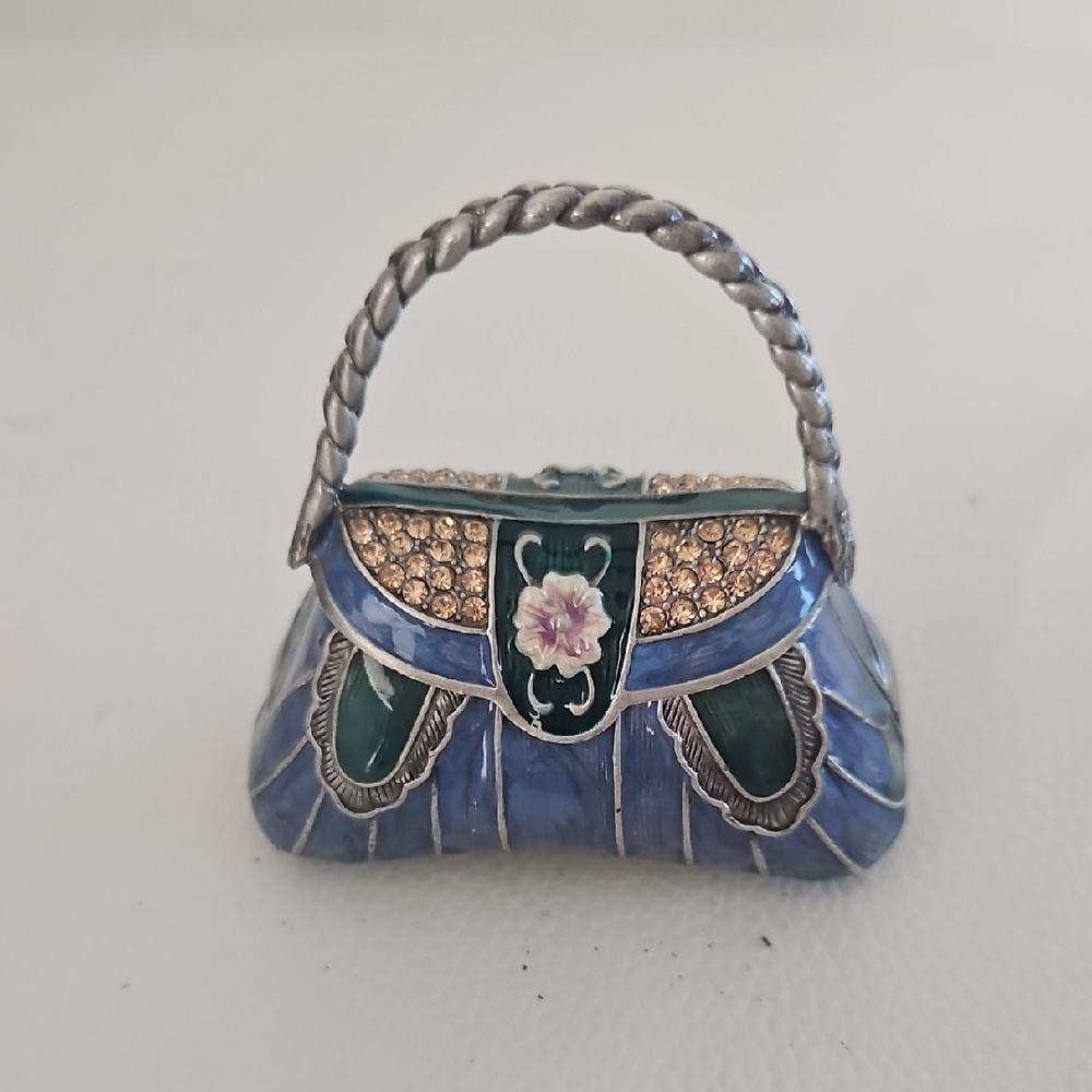 Elegant Hand- Painted Enamel Metsl Blue and Green Handbag Shaped Trinket Box